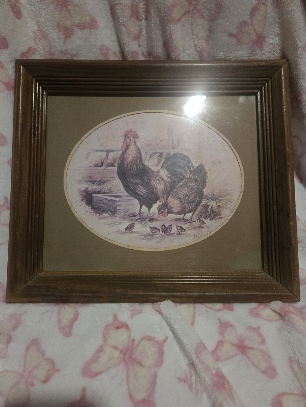 Vintage Rustic Brown Rooster Print Wall Art In A Wooden Frame.